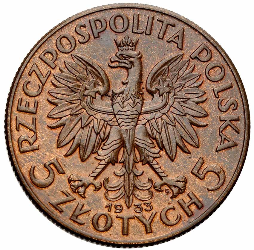 II RP 5 złotych 1933, głowa kobiety, PRÓBA, brąz z kolekcji Włodzimierza Głuchowskiego